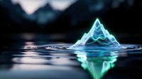 Glowing mountain peak emerging from rippling water surface with neon blue light effect, creating mirror reflection against dark background. Artistic nature concept.