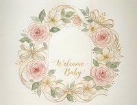 Watercolor floral wreath with pink roses and gold ribbons featuring Welcome Baby text for nursery decor and baby shower invitations.