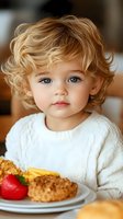 Adorable toddler with curly blonde hair enjoying healthy breakfast meal at home. Young child eating nutritious food in cozy kitchen setting for family lifestyle.