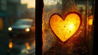Glowing heart shape drawn on foggy window with warm bokeh lights in background, creating romantic atmospheric evening mood. Perfect for Valentine's designs.
