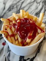 Golden crispy french fries served in white bowl with red ketchup sauce drizzled on top, close-up view on marble background. For restaurant menu and food advertising.