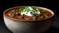 Hearty chili con carne topped with sour cream and fresh chopped parsley in rustic ceramic bowl against dark background, comfort food photography.