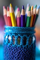 Colorful wooden pencils in knitted blue holder, creative workspace composition with selective focus on vibrant stationery supplies against blurred background.