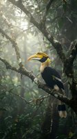 Great hornbill perched on moss-covered branch in misty tropical rainforest with soft sunlight filtering through dense green canopy creating atmospheric mood.
