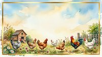 Watercolor farm scene with chickens, rooster, and rustic barn surrounded by green grass and wildflowers under cloudy sky. Suitable for farmhouse decor, agricultural designs, and country-themed projects.