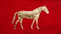Gold foil horse silhouette on vibrant red background, elegant minimal design for luxury branding, festive decorations, and Chinese New Year celebrations.