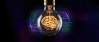 Golden brain inside glass sphere with digital neural networks and glowing circuits on dark background for artificial intelligence and technology concepts.