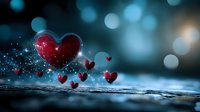 Red hearts floating above reflective water surface against dark turquoise bokeh background. Romantic Valentine concept with magical sparkles and dreamy atmosphere.