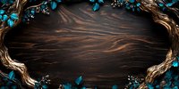 Rustic wooden background with decorative teal blue leaves and berries border frame for autumn seasonal design projects and natural organic branding.