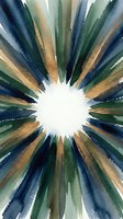 Watercolor sunburst with radiating brushstrokes in green, blue and gold tones creating dynamic energy pattern for creative projects.