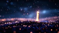 Glowing lighthouse beacon illuminates misty coastal night skyline with dreamy bokeh lights and sparkling stars creating magical atmospheric seascape.