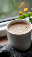 White ceramic mug filled with hot coffee or cappuccino, positioned on gray fabric near window with blurred yellow flowers and green foliage in background, perfect for beverage, lifestyle and morning routine content.
