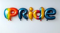 Colorful balloon letters spelling PRIDE in rainbow colors against white background, perfect for celebration and LGBTQ+ events and social media designs.