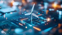 Miniature wind turbine on circuit board with glowing blue technology background and bokeh lights, representing renewable energy and smart grid solutions.