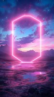 Glowing neon hexagon portal floating over surreal landscape with pink and purple sunset sky, starry night atmosphere and reflective water surface.