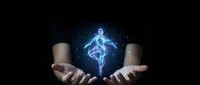Glowing blue energy figure floating above open hands against dark background, representing spiritual power, meditation, and inner balance concepts.