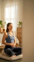 Young Caucasian woman practicing mindfulness meditation in peaceful bedroom setting with natural sunlight and houseplants for wellness and mental health.