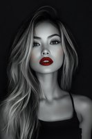 Dramatic black and white portrait of Asian woman with striking red lips and flowing hair against dark background, creating powerful contrast for fashion editorials.