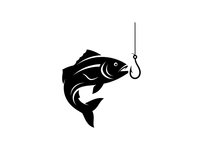 Black silhouette of fish jumping towards fishing hook on white background. Isolated design element for angling and fishing themed projects.