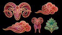 Watercolor Chinese zodiac ram set with clouds and floral elements, deep red and gold tones, isolated on transparent background, ready for stickers, sublimation, and print on demand.