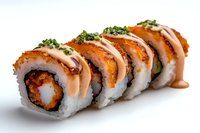 Fresh sushi roll with grilled salmon, cream cheese, and cucumber topped with spicy mayo sauce and herbs on white background, macro food photography.