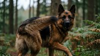 German Shepherd dog standing alert in forest setting with natural woodland background and soft lighting for pet and animal photography projects.