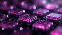 Glowing pink computer keyboard keys with bokeh light effects and water drops creating futuristic tech atmosphere on black background.