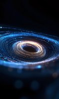 Glowing spiral of blue and gold light particles forming cosmic vortex against dark background, creating dynamic motion effect for science and technology designs.