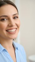 Young Caucasian woman with dental braces smiling confidently in blue shirt showing orthodontic treatment and teeth straightening process.