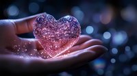 Glowing pink heart floating above open palm against dark background with bokeh lights, magical romantic atmosphere for Valentine's day and love concepts.