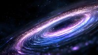 Spiral galaxy with glowing accretion disk in deep space showing purple and blue cosmic colors with stellar particles and nebula formations in dark universe.