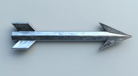 Metallic chrome arrow with reflective surface and geometric design features sharp angular fins, isolated on light background for modern design projects.