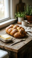 Freshly baked braided loaf with golden crust on rustic wooden board beside butter and knife, potted plants and mug by sunny window for bakery and breakfast content.