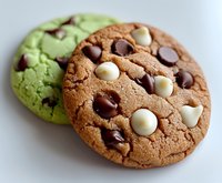 Fresh baked chocolate chip cookies with dark and white chocolate chips on white background, green matcha cookie with chocolate chips in soft focus.