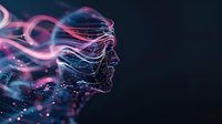 Ethereal profile silhouette with flowing pink and blue light streams against dark background, glowing particles creating mystical atmospheric effect for spiritual concepts.