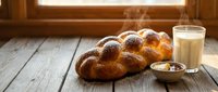 Fresh braided challah bread with golden crust on rustic wooden table, served with milk and honey for traditional Jewish Sabbath breakfast or holiday meal.