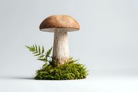 Fresh forest mushroom growing from green moss on white background, nature composition with fern leaf, isolated botanical still life for food design.