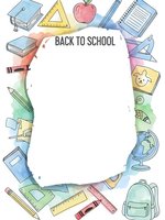 Back to school watercolor frame with educational supplies, books, apple, pencils, rulers and backpack on white background for student designs.