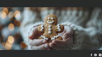 Hands holding homemade gingerbread man cookie with smiling face and buttons against cozy winter sweater background with bokeh lights.