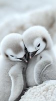 Two baby emperor penguins snuggle together, their soft gray down feathers creating a tender moment against snowy background. Suitable for wildlife and nature publications.