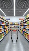 Empty shopping cart in supermarket aisle with shelves stocked with colorful packaged goods, bright fluorescent lighting, and organized retail display for grocery shopping and consumer commerce concepts.