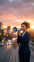 Professional African American businesswoman speaking through megaphone at sunset in urban setting for leadership and communication campaigns.