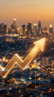 Golden growth arrow overlaying blurred city skyline at sunset representing business success, financial progress and economic development in urban environment.