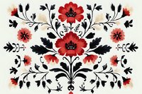 Symmetrical floral arrangement featuring red and pink blooms with black ornamental foliage on cream background, isolated for design projects.