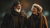 Happy elderly couple laughing together outdoors in warm winter clothing during golden hour sunset light creating joyful romantic moment for seniors.