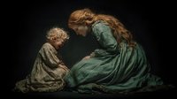 Young woman with long red hair in vintage green dress sitting with small blonde child against dark background, creating intimate maternal scene.