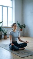 Young Caucasian woman practicing yoga meditation in lotus pose at home with houseplants and natural light streaming through window for mindfulness wellness.