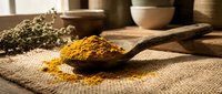 Golden turmeric powder in rustic wooden spoon on burlap with herbs and ceramic bowls in warm kitchen setting for cooking and natural health remedies.