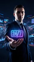 Professional businessman presenting neon 24/7 service concept with digital technology interface and data visualization background for business solutions.