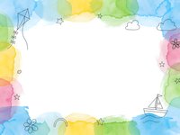 Colorful watercolor frame with playful doodles including kite, sailboat, stars and clouds on white background for creative projects and designs.